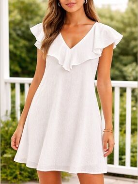 Women's White Ruffle V-Neck Midi Dress